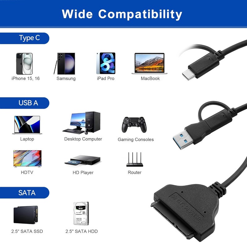 FANBLACK SATA to USB Cable 3.2ft, 2-in-1 USB-C/USB-A 3.0 to SATA III Hard Driver Adapter Compatible for 2.5 inch HDD and SSD (100cm) - Image 5
